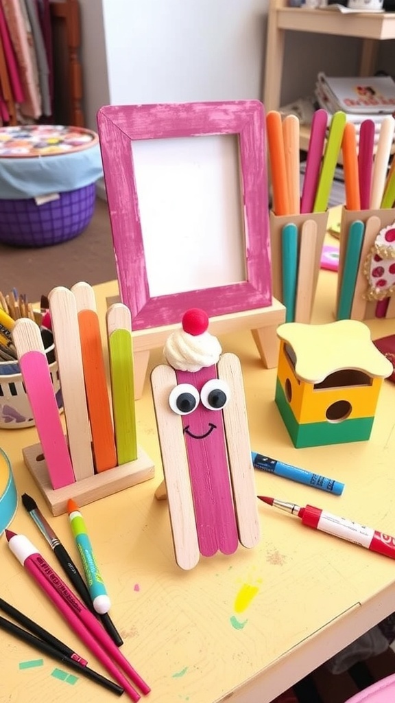 A collection of colorful ice cream stick crafts on a table, including a picture frame and character figure.